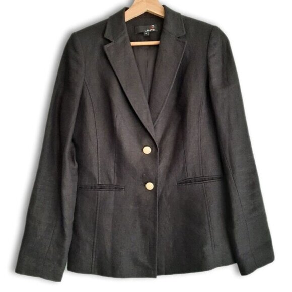 LAURA / 100% Linen Fabric Classic Blazer Jacket Button Front Neutral Black Sz 4 - Picture 1 of 15